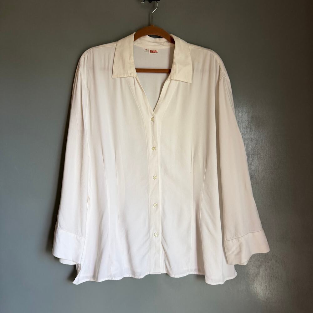 Vintage TIANELLO Women's 2X White Button Up Tencel Blouse Retro 90's Grunge Boho